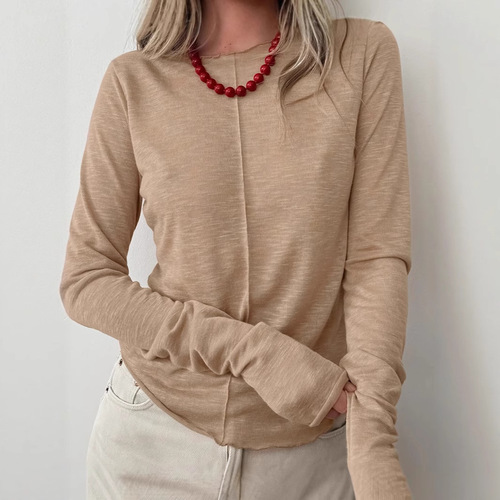 2025 autumn and winter European and American round-neck knitted bottomed shirt for women's simple fashionable splicing with white long-sleeved top for women's wear