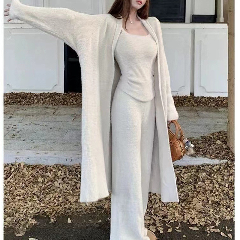 秋冬新款女装仿水貂绒针织外套内搭背心三件套女毛衣阔腿裤套装潮