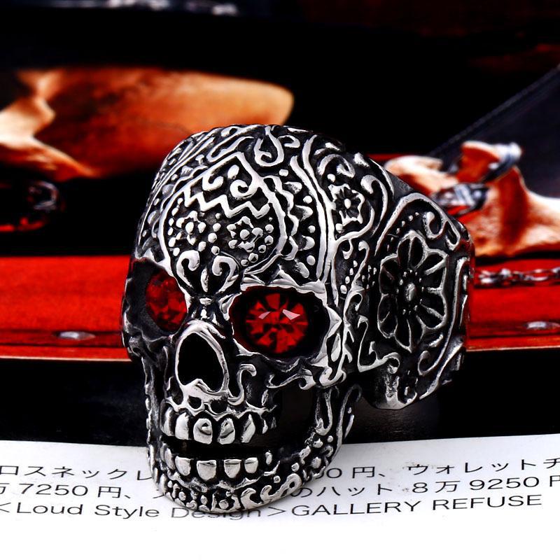 Men's Fashion Skull Ruby Ring European and American Style Retro Red Gem Inlaid Ghost Head Finger Ring Jewelry