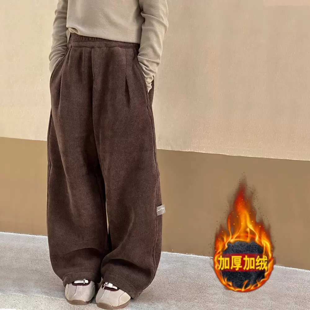 女童裤子秋冬款2025新款儿童冬装加绒直筒休闲裤女大童灯芯绒长裤