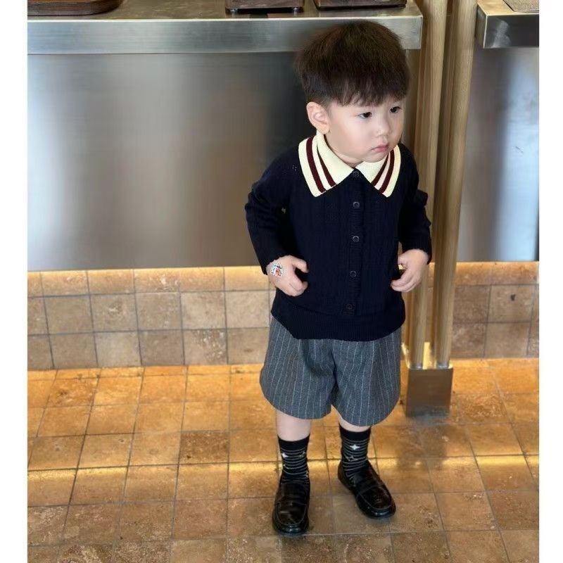 Korean-Style Boys' Academy-Style Outfit 26 Autumn New Children's Striped Turn-Down Collar Knit Cardigan Striped Suit Shorts Korean-Style Boys' Academy-Style Outfit 26 Autumn New Children's Striped Turn-Down Collar Knit Cardigan Striped Suit Shorts