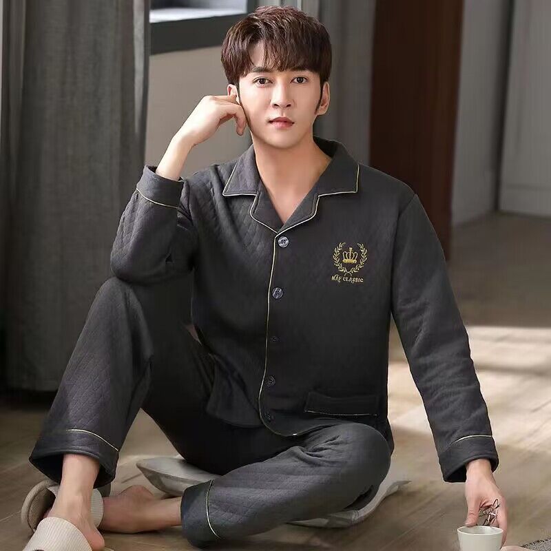 Pajamas gruesas para hombres otoño y invierno de manga larga algodón intercalado conjunto de calor para hombres jóvenes y de mediana edad ropa de hogar suelta
