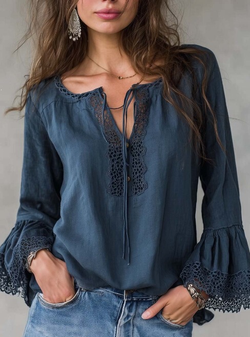 European and American cross-border independent station vintage lace collar cotton-linen shirt in sea blue, comfortable and casual with drawstring, non-elastic European and American cross-border independent station vintage lace collar cotton-linen shirt in sea blue, comfortable and casual with drawstring, non-elastic