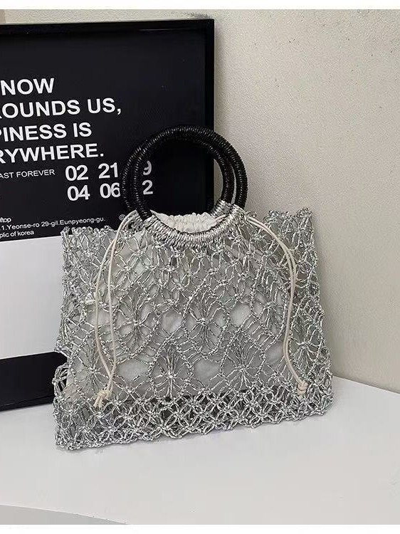 金銀糸明るいロープメッシュバッグ中空織バッグフォレストスタイル大容量ポータブルトートバッグ夏のビーチレディースバッグ|undefined
