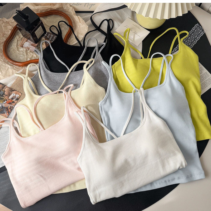 Ribbed cotton Korean-style cross-strap tank top with built-in chest pad for women, suitable for outerwear, short style, beautiful back, wrap-around chest, base layer top Ribbed cotton Korean-style cross-strap tank top with built-in chest pad for women, suitable for outerwear, short style, beautiful back, wrap-around chest, base layer top