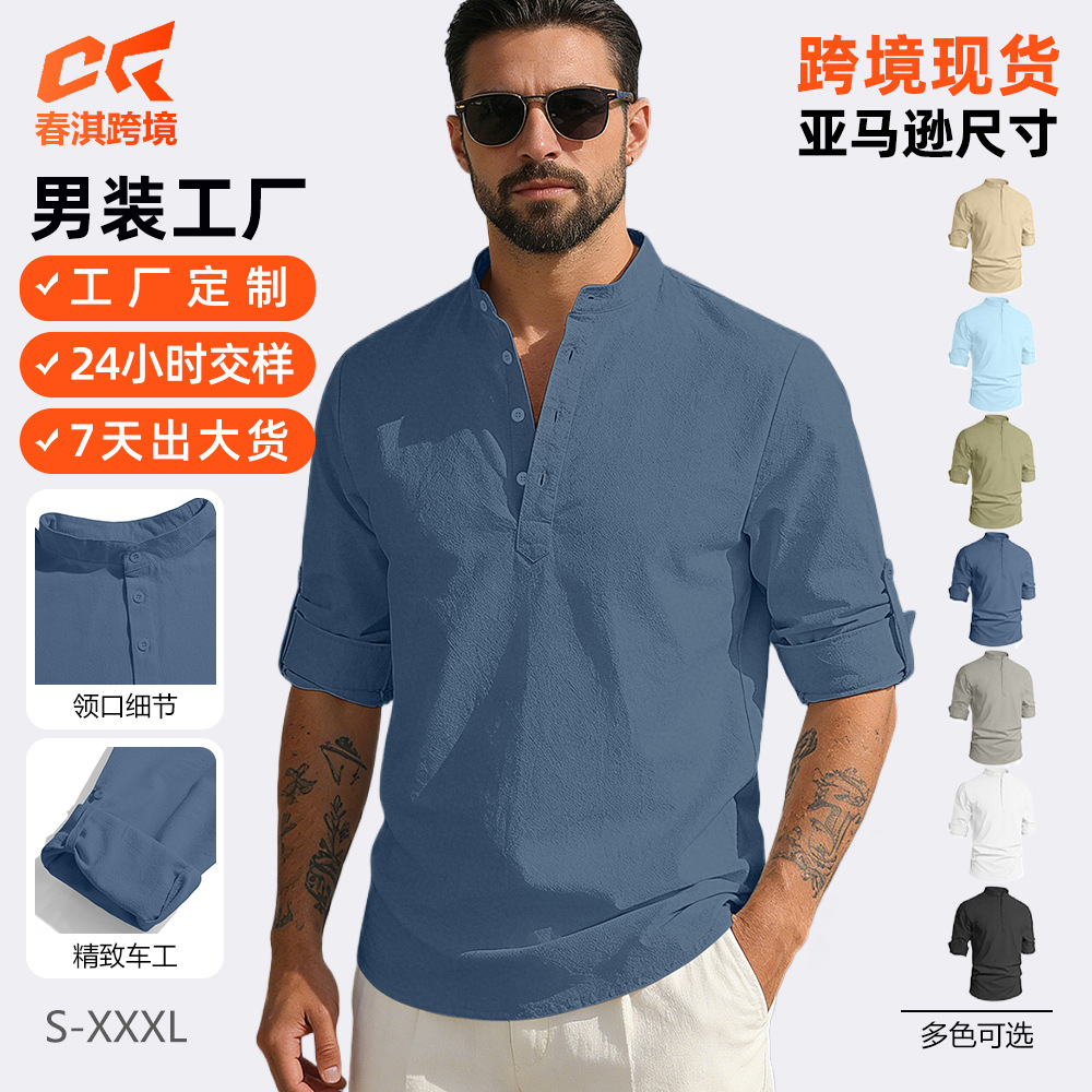 Nuevo cross-border camisa casual de hombre de moda de cuello de algodón y lino de manga larga camisa casual de color sólido para hombres