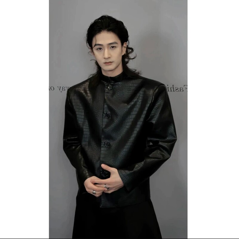 Stylish men's new Chinese-style stand-up collar crocodile-pattern leather jacket, suitable for spring and autumn, with a luxurious and high-end feel, resembling a Zhongshan suit jacket Stylish men's new Chinese-style stand-up collar crocodile-pattern leather jacket, suitable for spring and autumn, with a luxurious and high-end feel, resembling a Zhongshan suit jacket