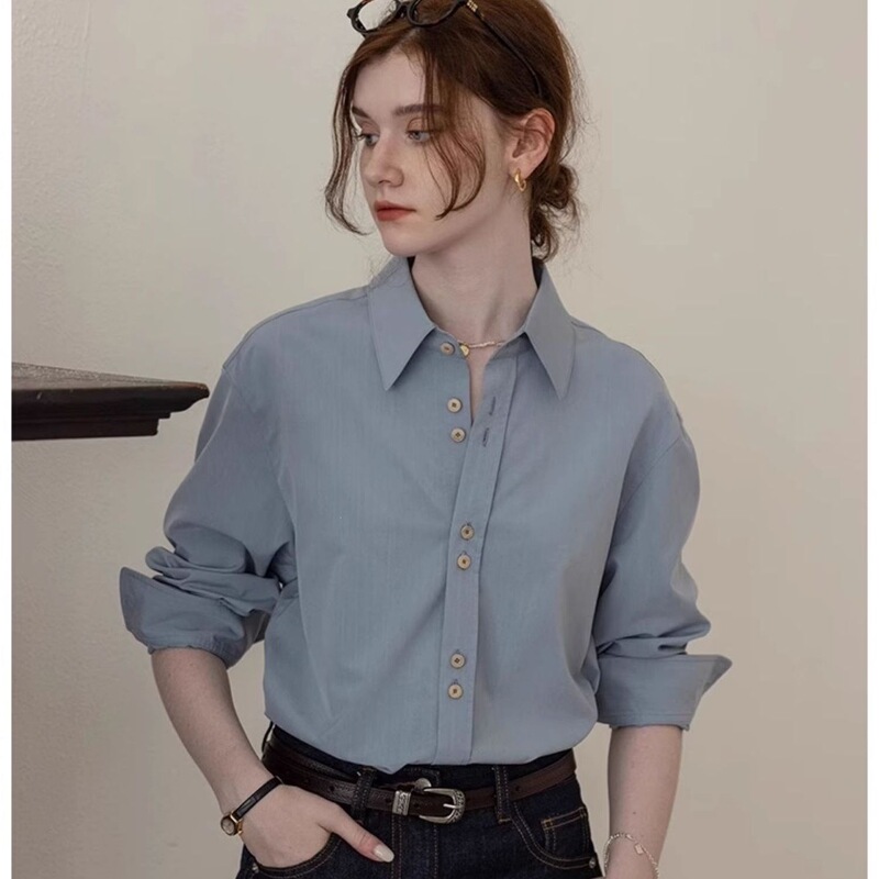 French-style Commuting Blue Shirt for Women, New Spring Design with Embroidered Back, Suitable for Layering as an Inner Shirt