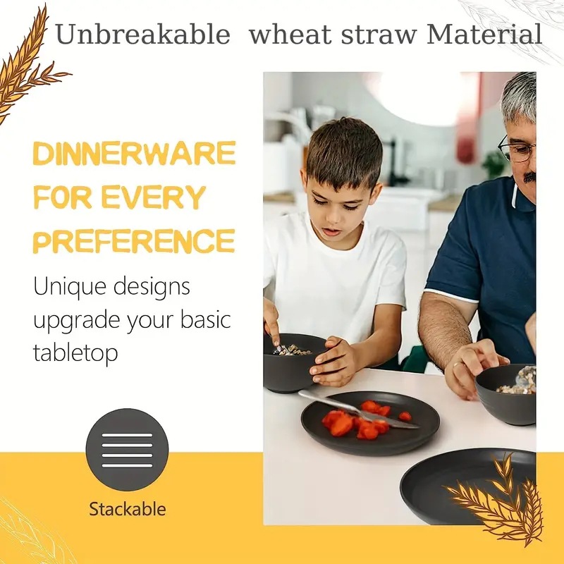 Solid Color Pattern Casual Solid Color Plastic Wheat Straw Bowl Tableware 1 Set