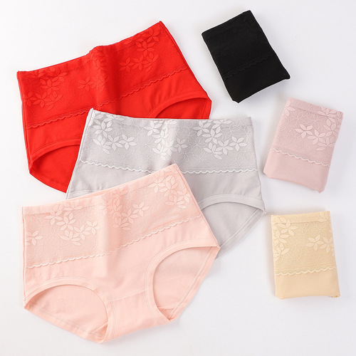 Stylish lace edge high-waist women's breathable combed pure cotton tummy control and buttock lifting triangle underwear wholesale