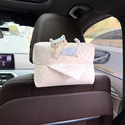 Fabric Cat-Shaped Car Tissue Box Car tissue box/set - blue-plaid-cat-leopard-print-tissue-box-beige