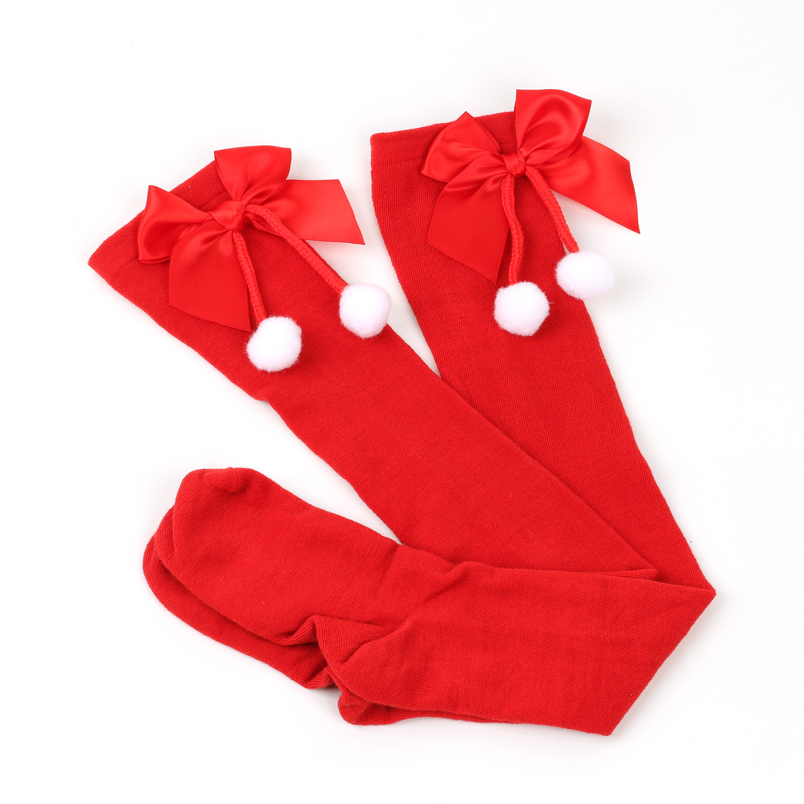 Calzini natalizi unisex con fiocco, calzini a palla, sopra il ginocchio, calzini lunghi da donna, calzini natalizi a righe_voghion.com