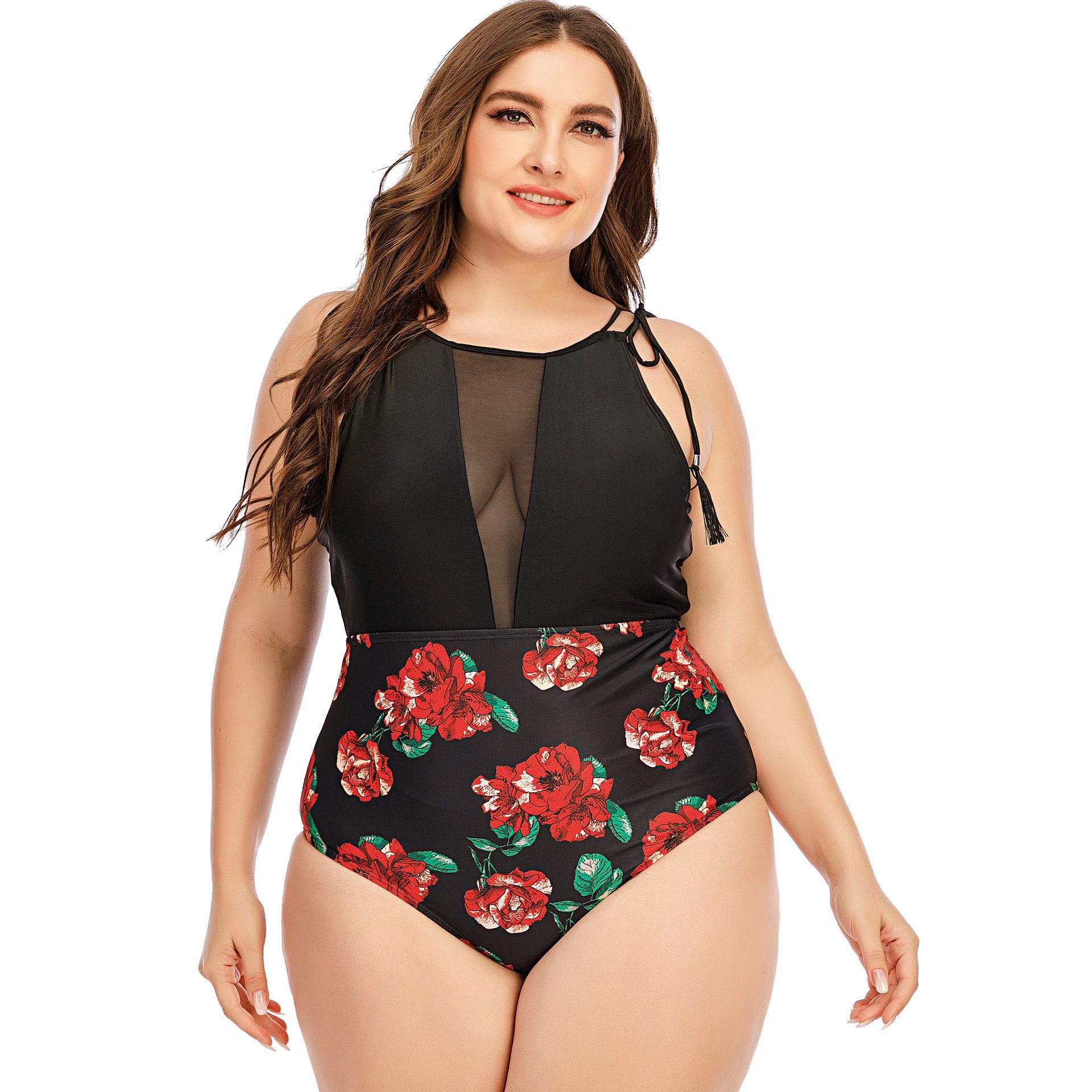 plus size mesh printing stitching sleeveless one-piece swimsuit NSJHD124951