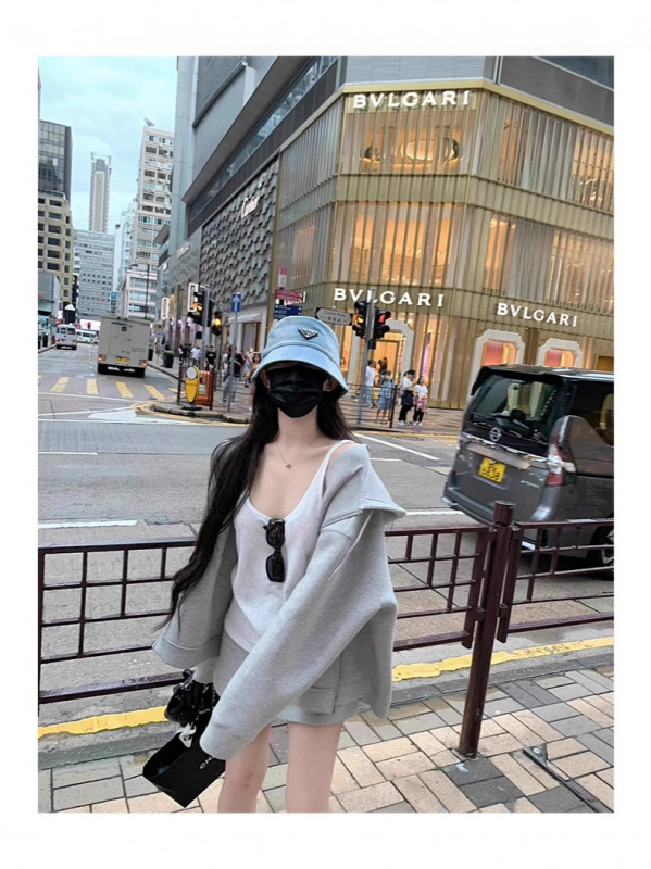 灰色卫衣外套女春秋季2025新款连帽运动早初秋慵懒韩系拉链开衫|undefined