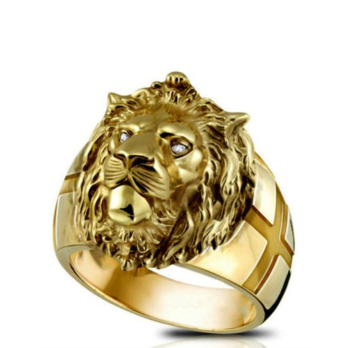 wish electroplated gold lion head men's ring European and American personalized cross ring men's jewelry