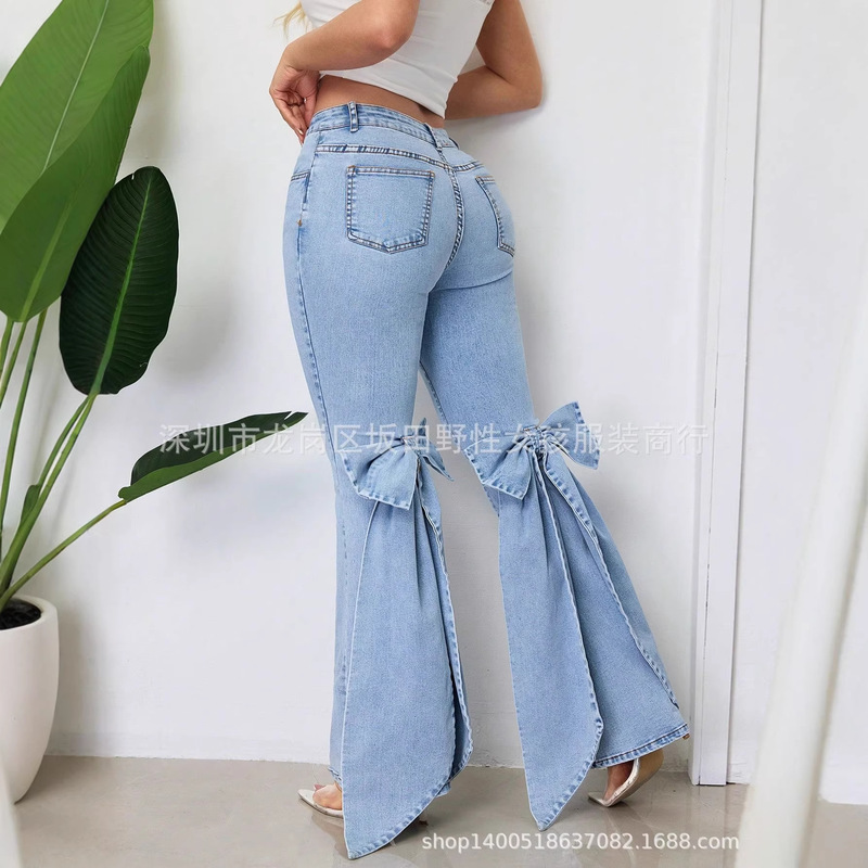 X-Ready Stock 16065 # Cross-Border European and American Retro Three-Dimensional Bow Slim-Fit Stretchy Floor-Length Flared Denim Pants