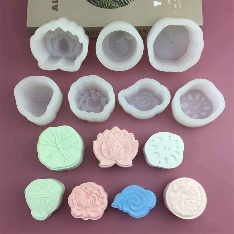 中国风祥云鲤鱼荷叶荷花硅胶模具立体造型月饼绿豆糕蛋糕石膏模具