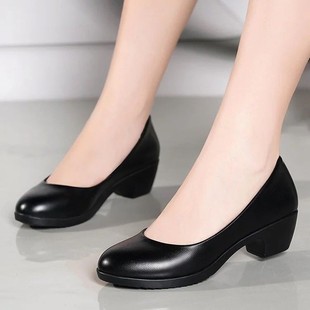 Single Shoes Women's 2023 New Spring Square Toe Thick Heel Mid Heel Women's Shoes All-match Professional Work Black High Heels
