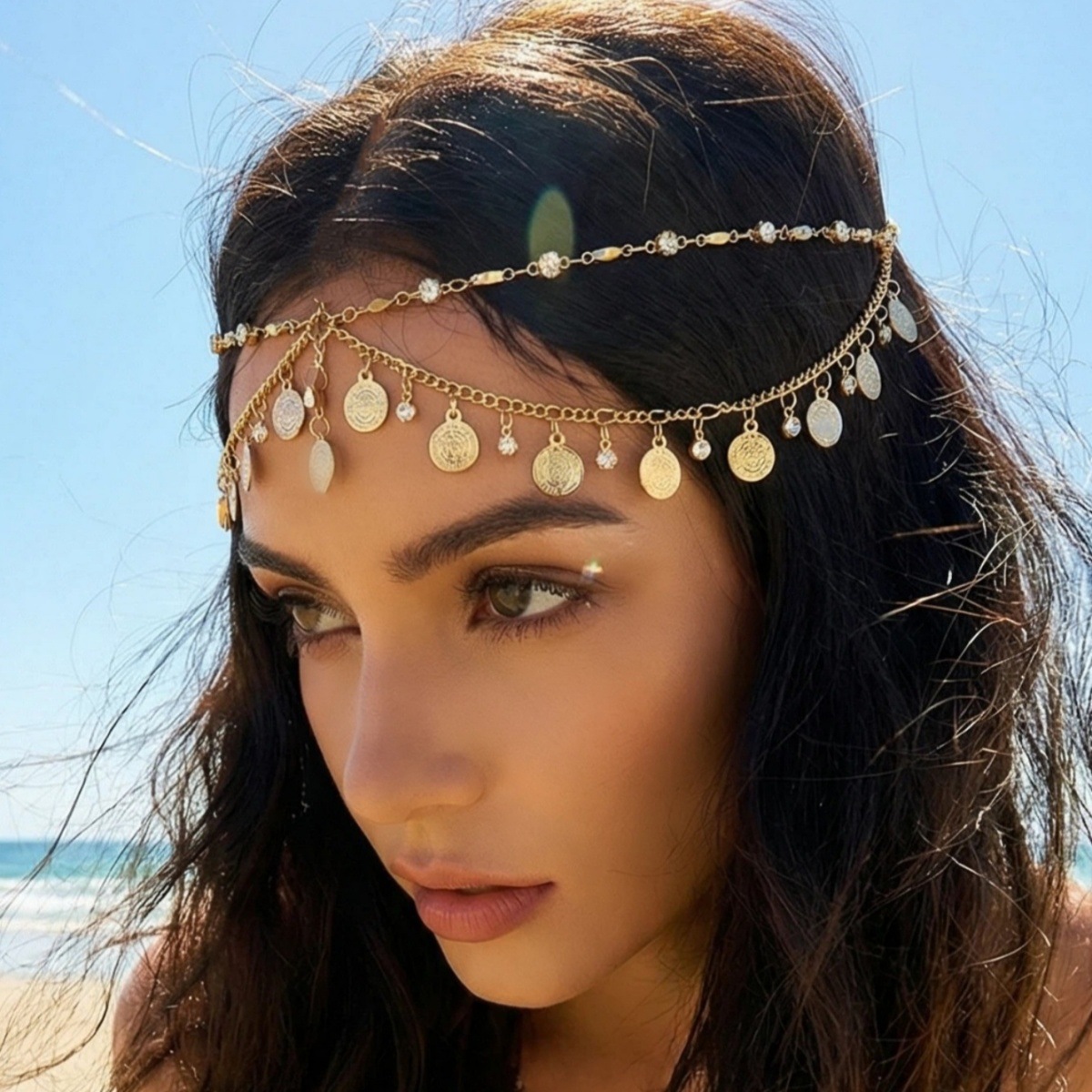 Cross-Border Hot-Selling Bohemian Style Headwear, Holiday Style Gold Rhinestone Coin Tassel Head Chain, Women's Beach Accessories