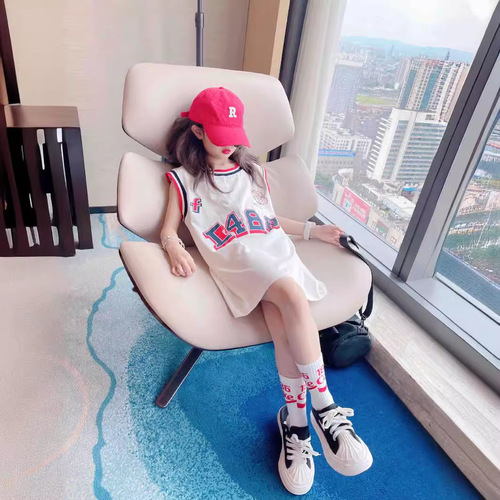 Girls' Summer Dress 2024 New Middle-Size Children Korean Style Trendy Sleeveless Blouse Dress with Back Heart Long T-Shirt Skirt