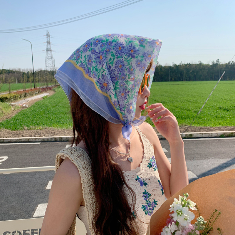 シルクタオルの女性のオリジナルデザイン綿麻の小さい方の巾の甘い新型の田園の花の襟の巾の薄い通気性の日焼け止めの頭巾|undefined