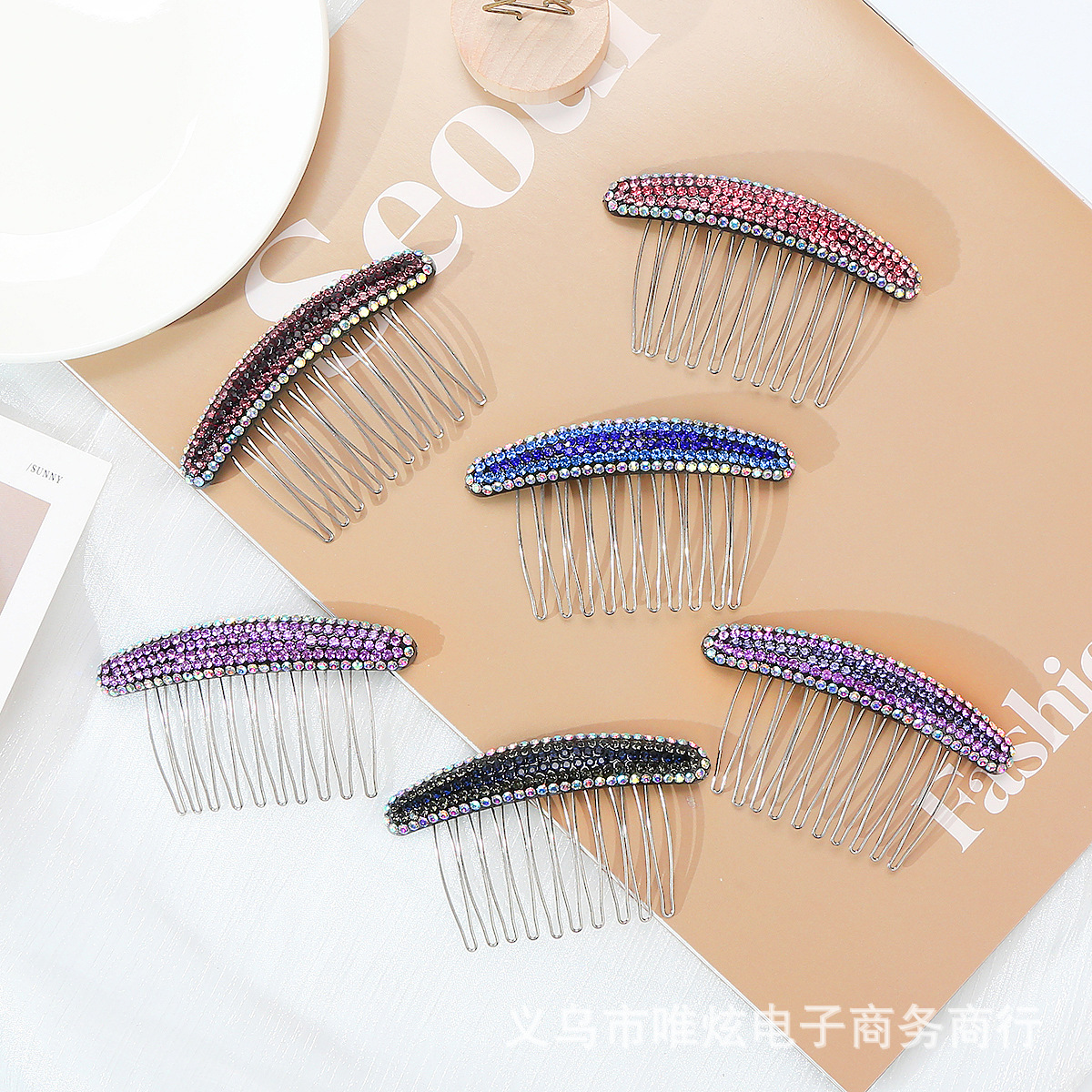 Korean Acrylic Fashion Water Diamond Color Pressed Hairpin Comb Fringe Comb Teenage Girl Outdoor Hair Roll Head Accessory Hair Comb Hair Clip