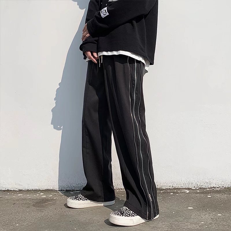 하이 스트리트 아메리칸 스포츠 바지 남성 봄, 가을 새로운 하이 웨이스트 루즈 스트레이트 사이드 지퍼 다목적 슬림 캐주얼 스웨트 팬츠