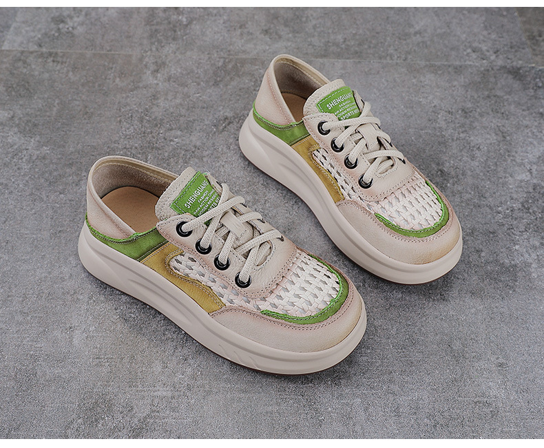 Giày sneaker nữ da bò lỗ thoáng khí dây buộc mũi tròn phong cách cổ điển — xanh lá cây chi tiết 13