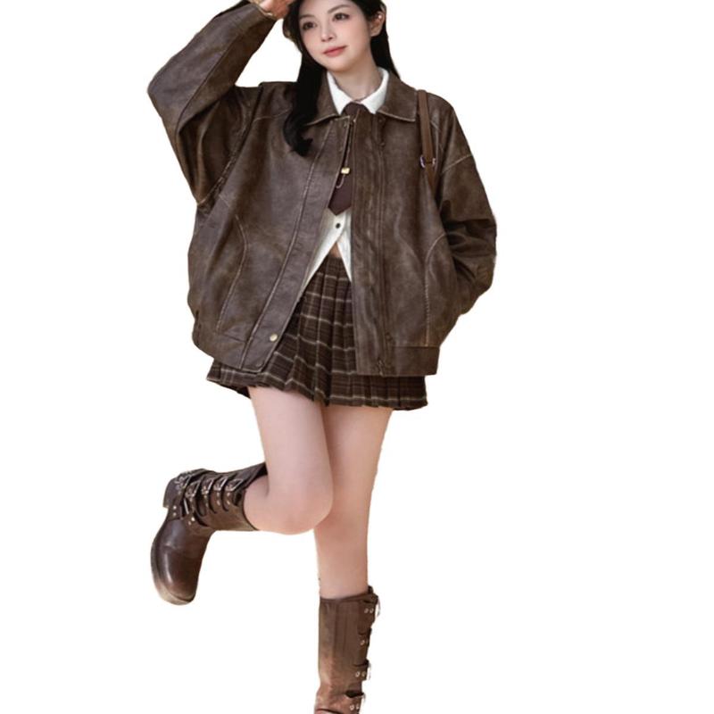 复古擦色做旧棕色皮衣女秋款2025新款美式甜酷机车PU皮夹克短外套|undefined