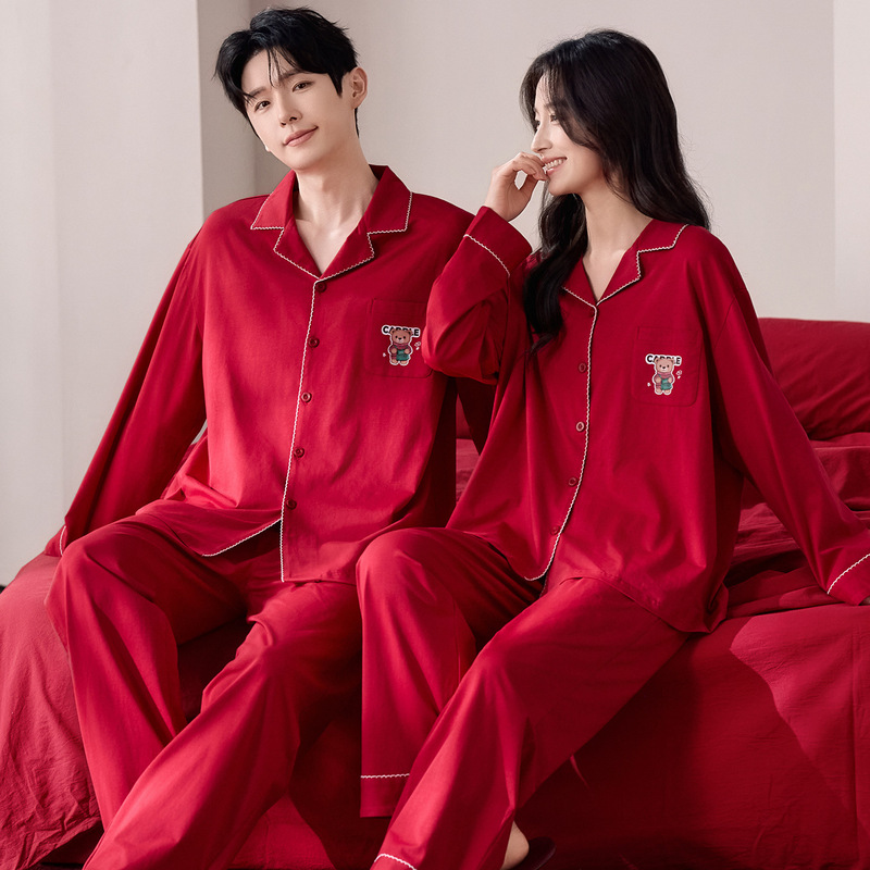 Women's and Men's Red Festive Home Wear with Front Buttons for the Year of Birth, Couple's Red Pajamas for New Year and Wedding, Spring and Autumn Styles