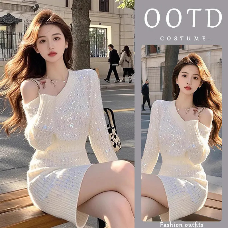 Sexy Pure 2025 Short Skirt Spring and Autumn Spice Girls Slant Shoulder Slim-fit Sequin Hip dress Women's Elegant Dress for New Style Sexy Pure 2025 Short Skirt Spring and Autumn Spice Girls Slant Shoulder Slim-fit Sequin Hip dress Women's Elegant Dress for New Style