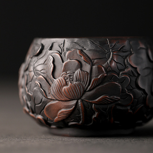 Purple pottery retro hand-carved lotus tea cup home living room master cup single cup Kung Fu tea set tea cup water cup