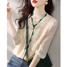 外贸甜美减龄衬衣夏季新款撞色针织开衫显瘦短款小个子针织T恤女