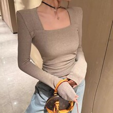 纯欲方领内搭打底衫女2025春季新款修身显瘦洋气长袖t恤甜辣上衣
