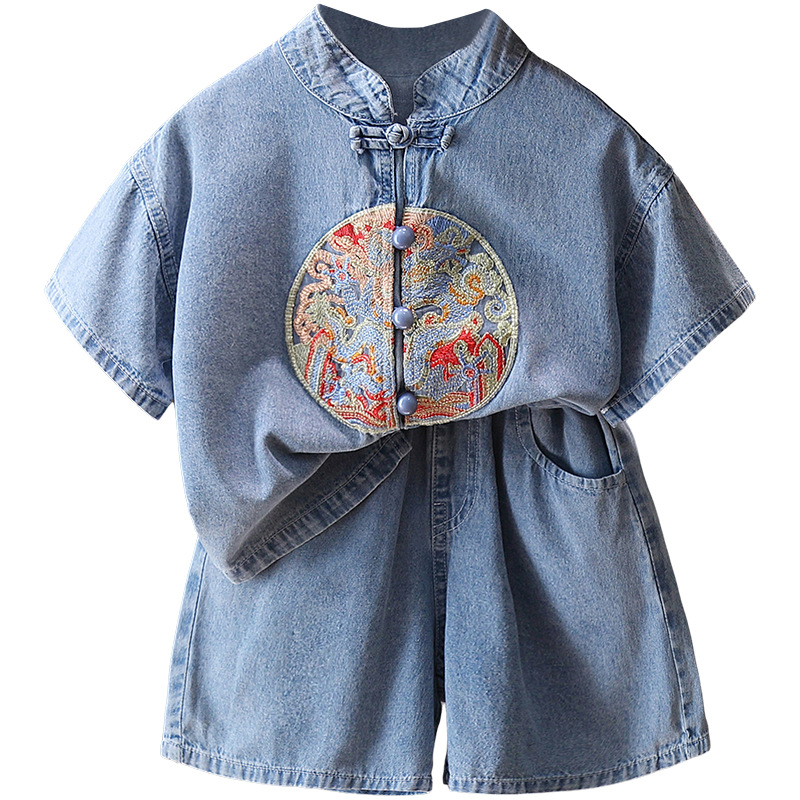 7231 Traje de estilo chino para niños, estilo occidental, traje de dos piezas de mezclilla de manga corta de verano, Hanfu delgado de moda de verano