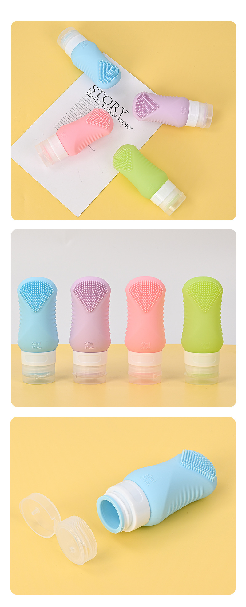 Cross-border popular silicone dispenser bottle four-piece set shampoo and shower gel storage 60ml dispenser bottle with hook brushed
