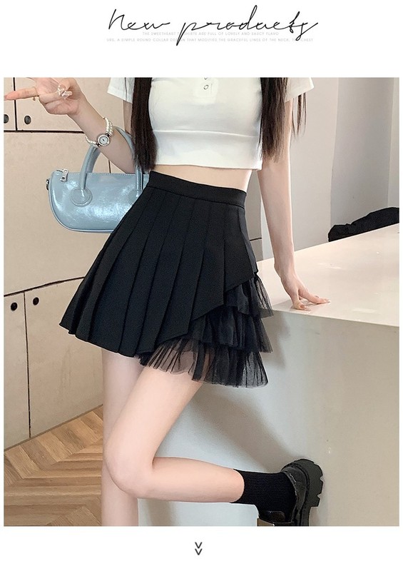 ファッションの網の紗の百のしわのスカートの女性の夏の新型のギャルの小さい人の小さい背の短いスカートの高い腰はやせているa字の半身のスカートを現します。|undefined