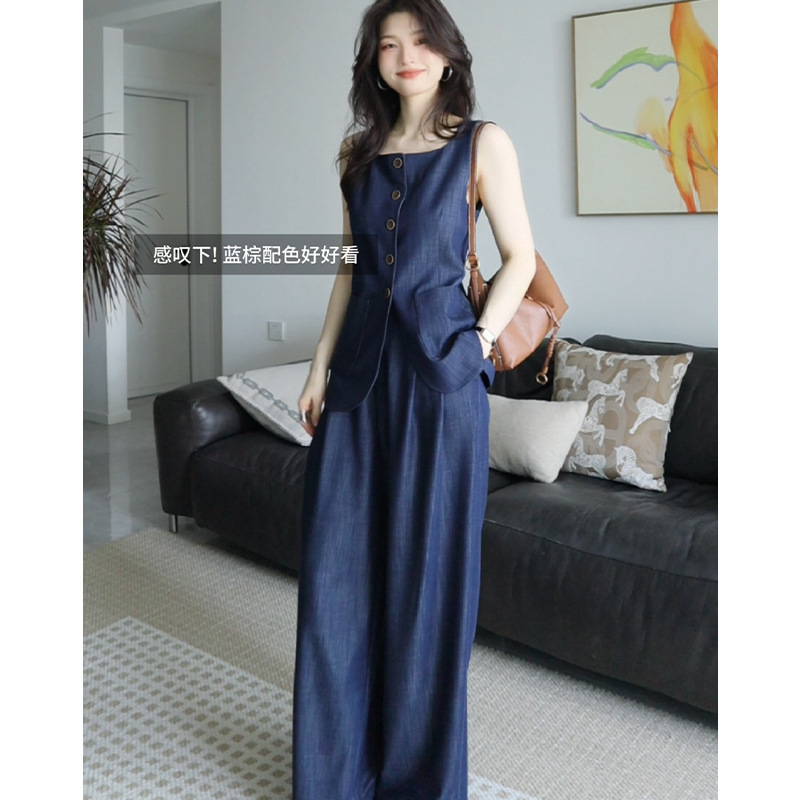 法式复古气质高级感无袖深蓝色马甲背心上衣女休闲阔腿裤两件套装|undefined
