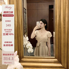 Hotdog热狗很辣【中世纪少女】收腰显瘦优雅气质荷叶袖绑带连衣裙