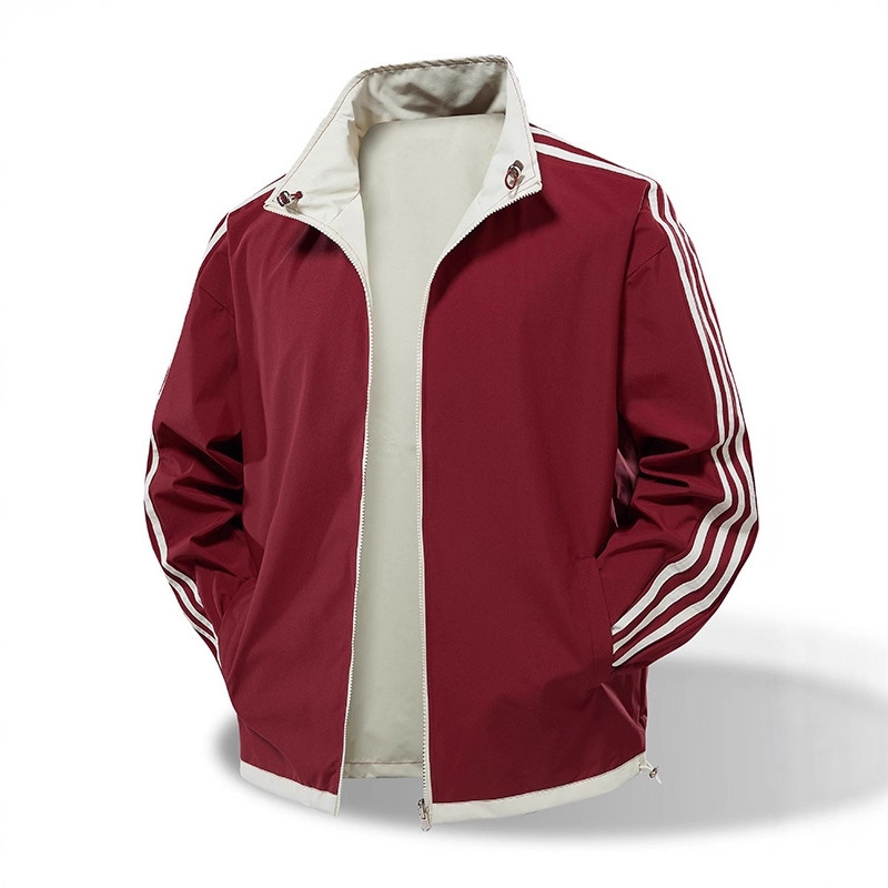 American-Style Three-Stripe Reversible Jacket with Stand Collar, Casual Wear for Men, New Loose-Fitting Oversized Bomber Jacket for Spring and Autumn