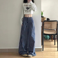女性用レトロブルーチェック柄ワイドレッグパンツ、春夏アメリカンホットガール、ゆったりとしたレイジースタイルカジュアル韓国風フロアレングスパンツ