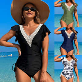 2026新款亚马逊泳衣女锦纶素色飞袖连体泳装厂家现货批发Swimwear