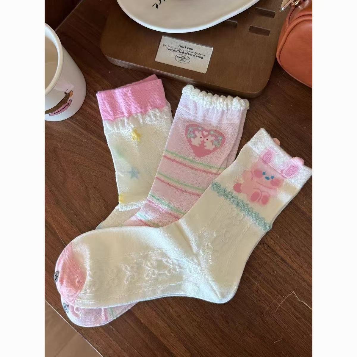 Primavera delgada conejo transpirable succión de sudor encaje rosa dibujos animados lindos calcetines de viento de chicas chicas chicas sensación de medias medias