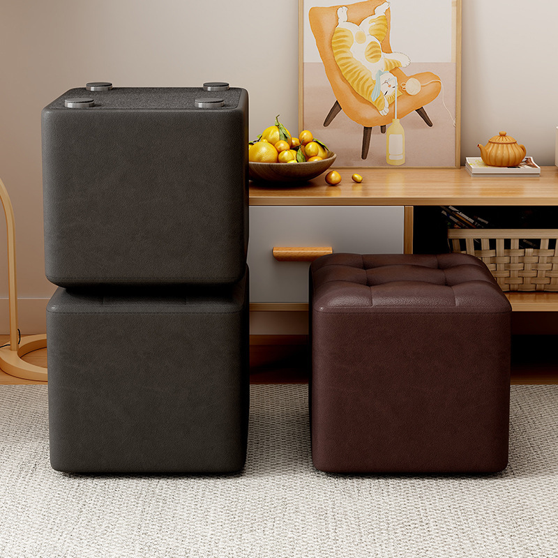 リビングルームの小さなスツール、家庭用の低いスツール、丈夫で耐久性のあるソファコーヒーテーブルベンチ、ソフトパッケージシート、無垢材レザースツール、靴交換スツール|undefined