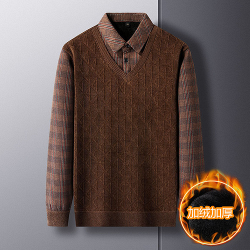 Pullover Sweaters for Men 2024, Fleece Lined and Thick, Fashionable and Warm Wool Knit Sweaters for Middle-Aged and Older Men