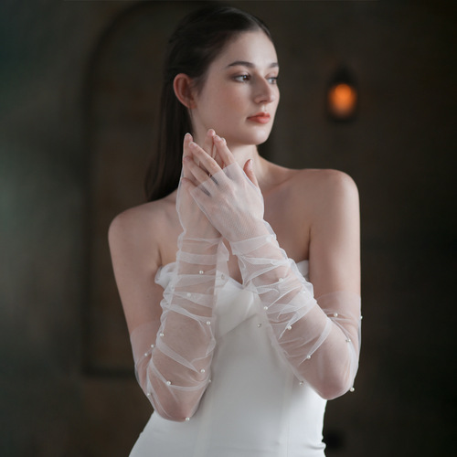 Xinmeiji White Long Arm Covering Bridal Gloves Amazon Pearl Wedding Knot Wedding Accessories WG052