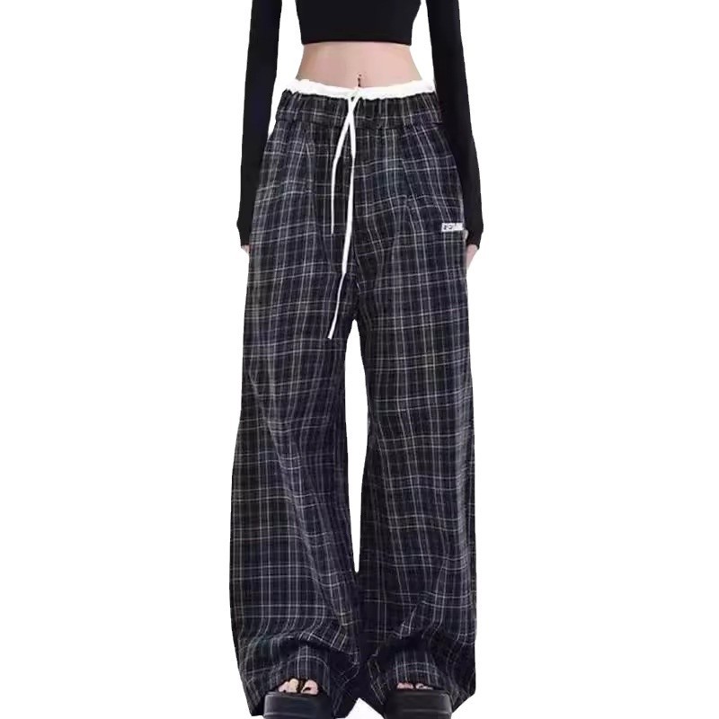 플러스 사이즈 게으른 스타일 복고풍 격자 무늬 바지 여성의 가을과 겨울 새로운 높은 허리 투약 느슨한 직선 다리 넓은 다리 유행 바지