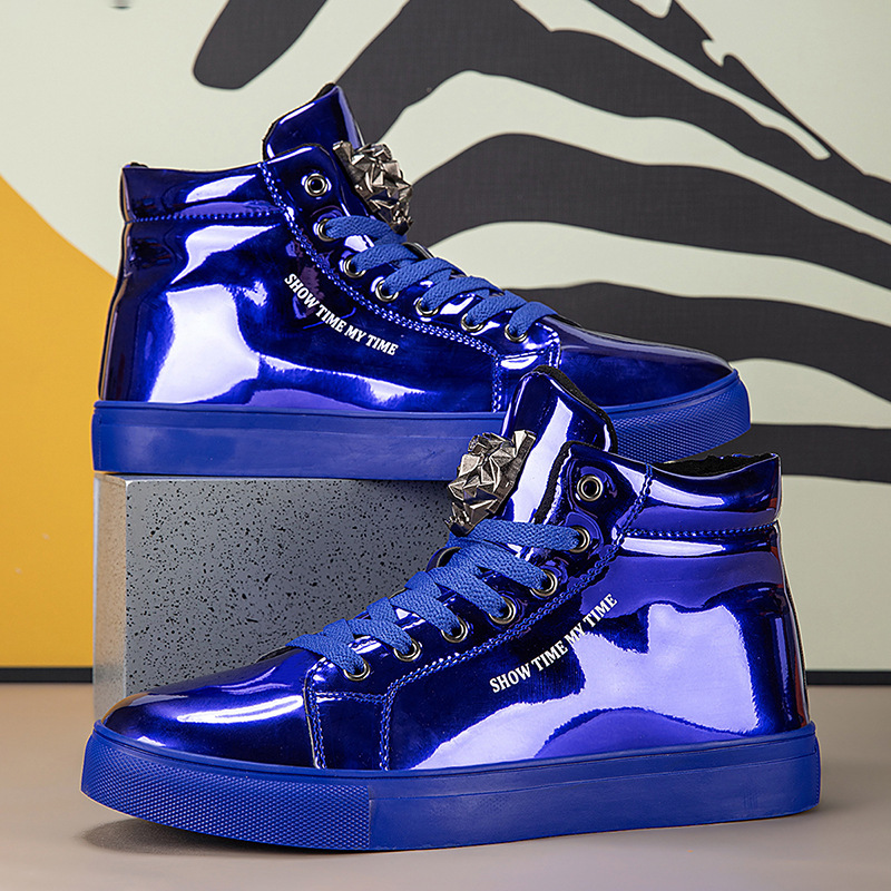 Cross-Border Large Size Glossy Patent Leather Men's Shoes Korean Style Fashionable High-Top Sneakers Personalized Trendy Performance Catwalk Casual Trendy Shoes