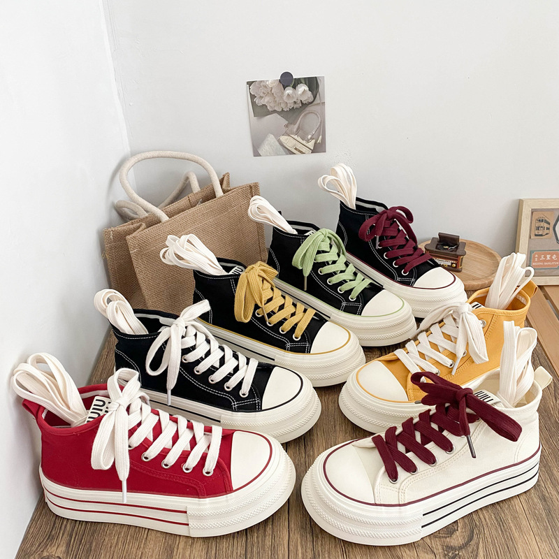 6674 Thick-Soled Height-Increasing High-Top Canvas Shoes for Women 2025 New Hong Kong Style Popular Retro Round-Toe Niche Versatile Sneakers