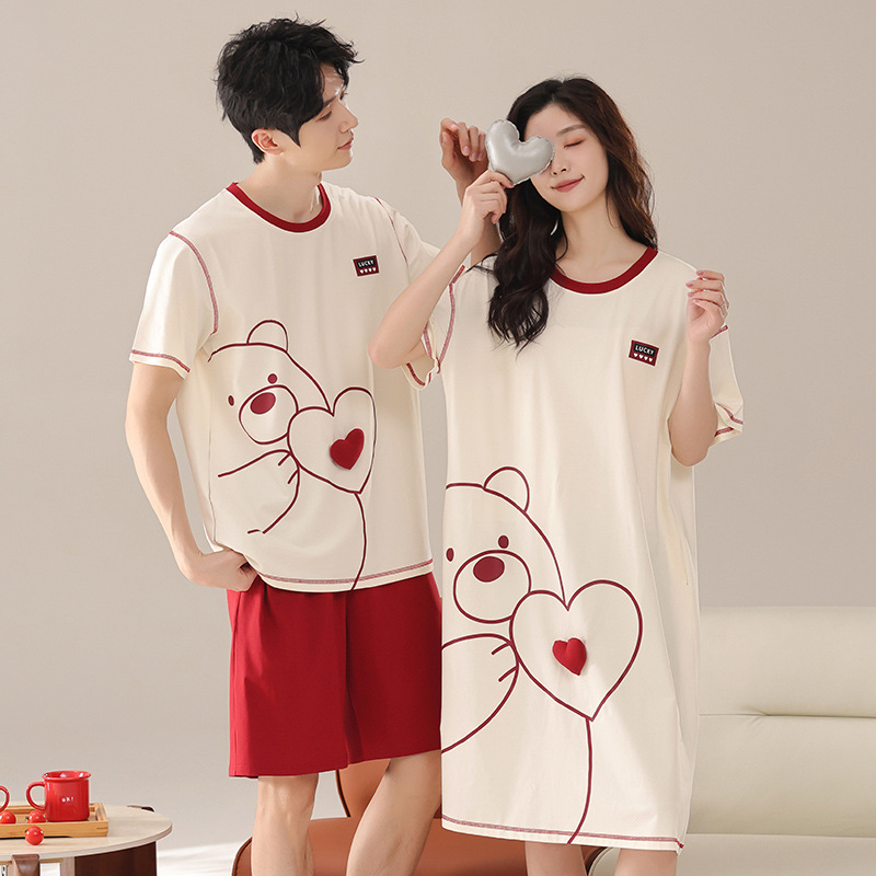 [Can Be Worn with Chest Pads] Princess-Style Cute Cartoon 32-Count Tight-Fitting Pure Cotton Couple's Pajamas, Short-Sleeved Nightgown, Loose Fit